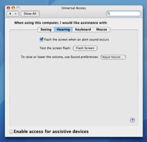 Mac OS 10.4 Universal Access, Hearing Tab