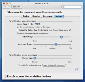 Mac OS 10.4 Universal Access, Mouse Tab